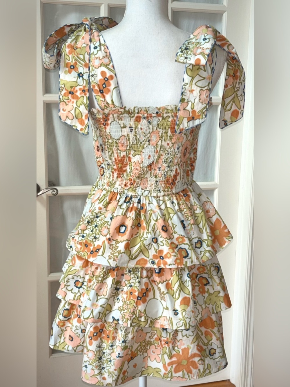 Cleobella Floral Smocked Tie Shoulder Tiered Organic Cotton Mini Dress M - Picture 3 of 11
